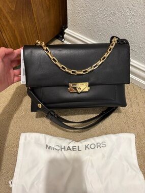 Michael Kors Black Leather Shoulder Bag with Gold Chain